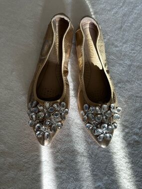 Gold Jeweled Pointed Ballet Flats by